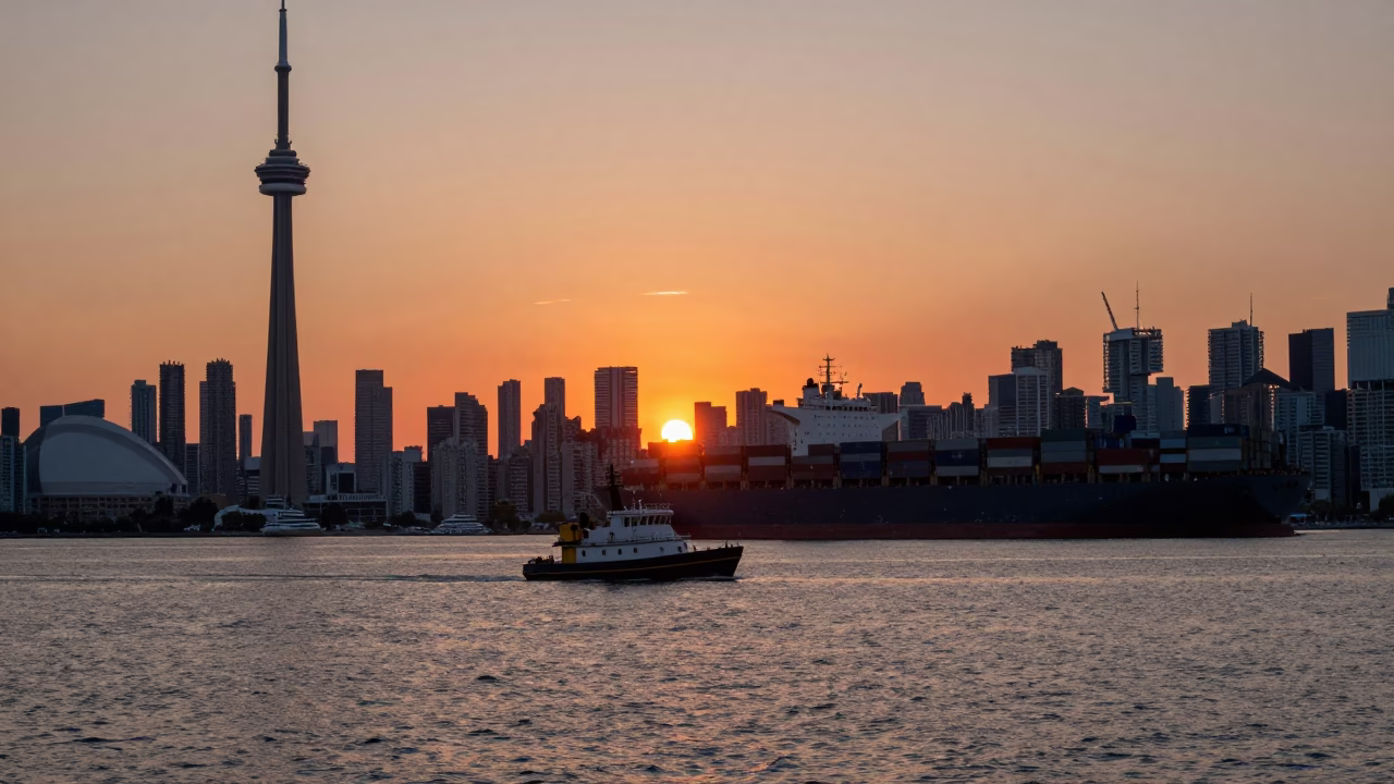 Harbor Sunset in Toronto at As The Sun Drops Toward The Horizon in in Toronto, Ontario, Canada