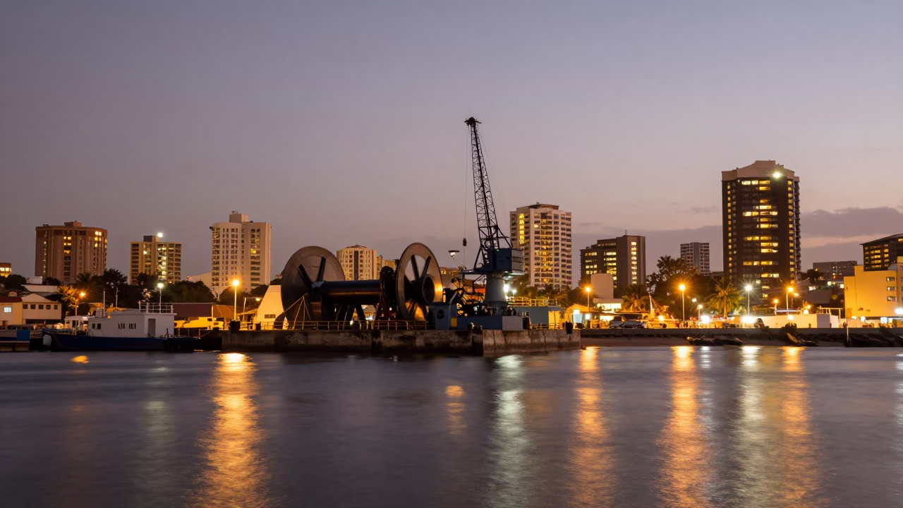 Harbor Twilight in Durban at As City Lights Begin To Glow in in Durban, South Africa