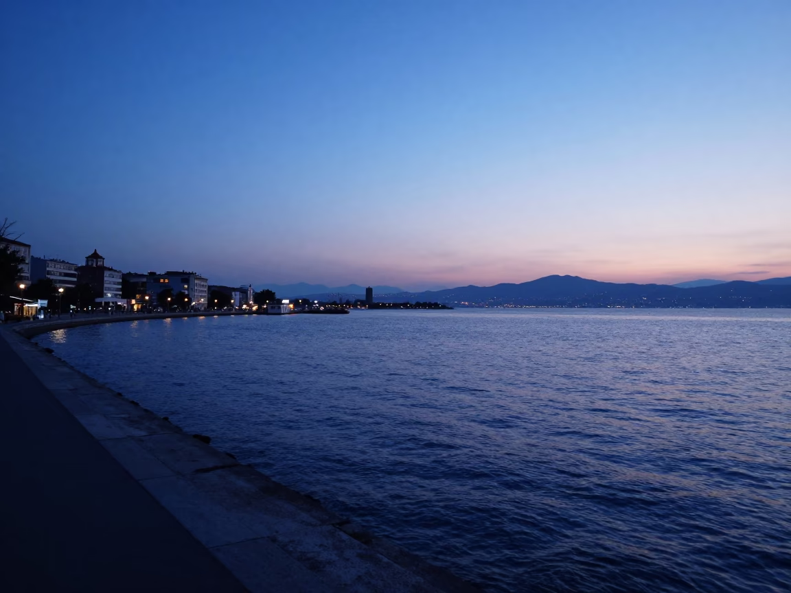 Harbor View in Izmir at The Still Hours Before Dawn Light in in Izmir, Turkey
