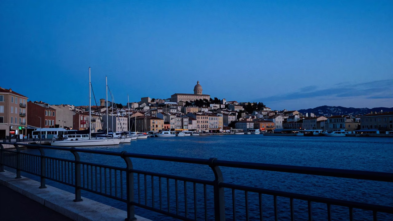 Harbor View in Marseille at Indigo Twilight After Sunset in in Marseille, France