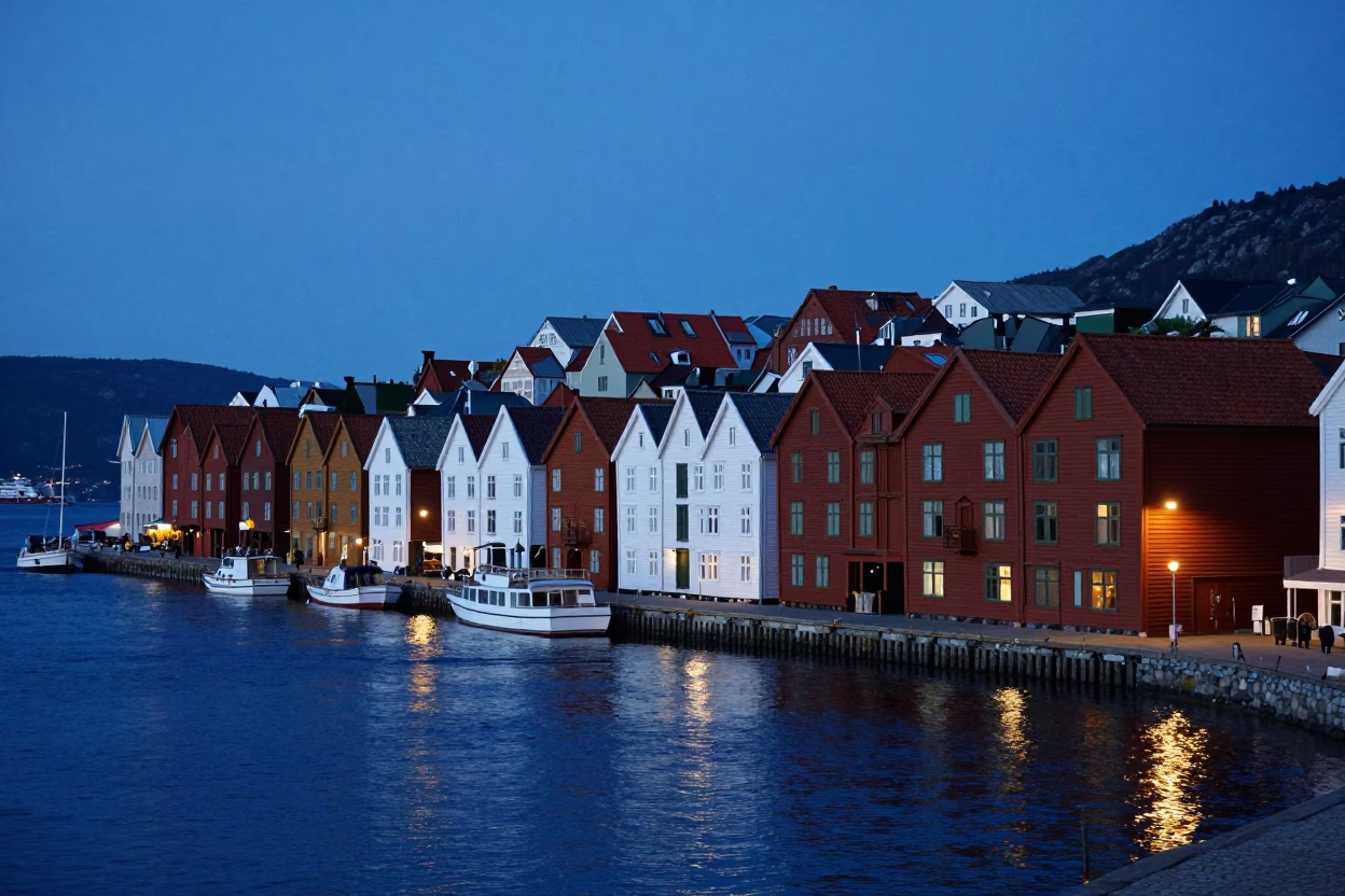 Harbor Waterfront at Twilight in Bergen in in Bergen, Norway