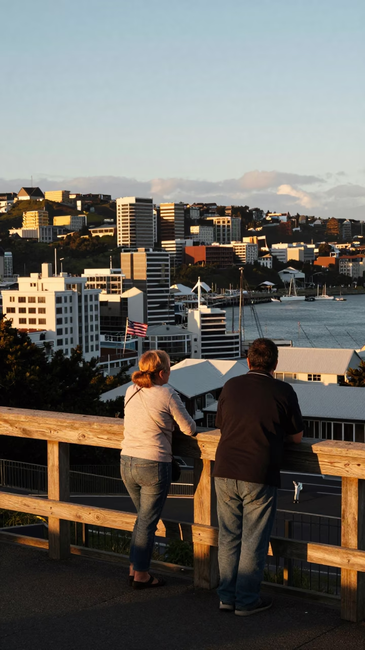 Harbour And Cable Car From Mt Victoria Lookout at Sunset Light in Wellington in in Wellington, New Zealand