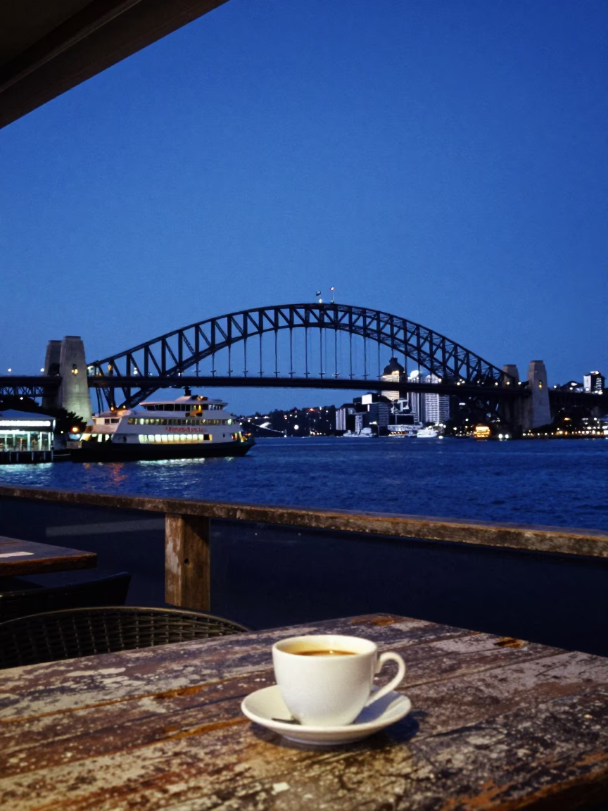 Harbour Bridge And Ferry From Viaduct Harbour Cafe Table in Auckland in in Auckland, New Zealand