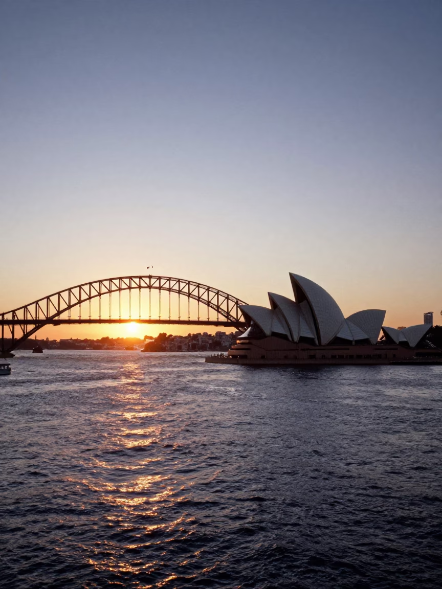 Harbour Bridge And Opera House From A Bustling Waterfront Cafe Table in Sydney in in Sydney, New South Wales, Australia