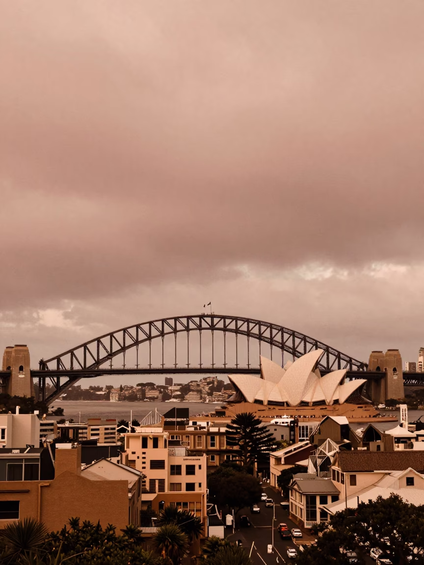 Harbour Bridge And Opera House From A Residential Balcony in Sydney in in Sydney, New South Wales, Australia