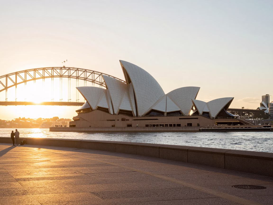 Harbour Bridge And Opera House From Circular Quay Promenade at Golden Hour in Sydney in in Sydney, New South Wales, Australia