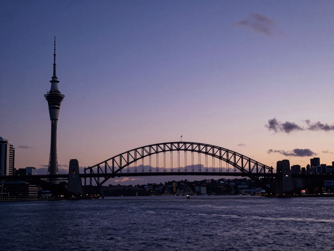 Harbour Bridge and Sky Tower at Nautical Dawn in Auckland New Zealand in in Auckland, New Zealand