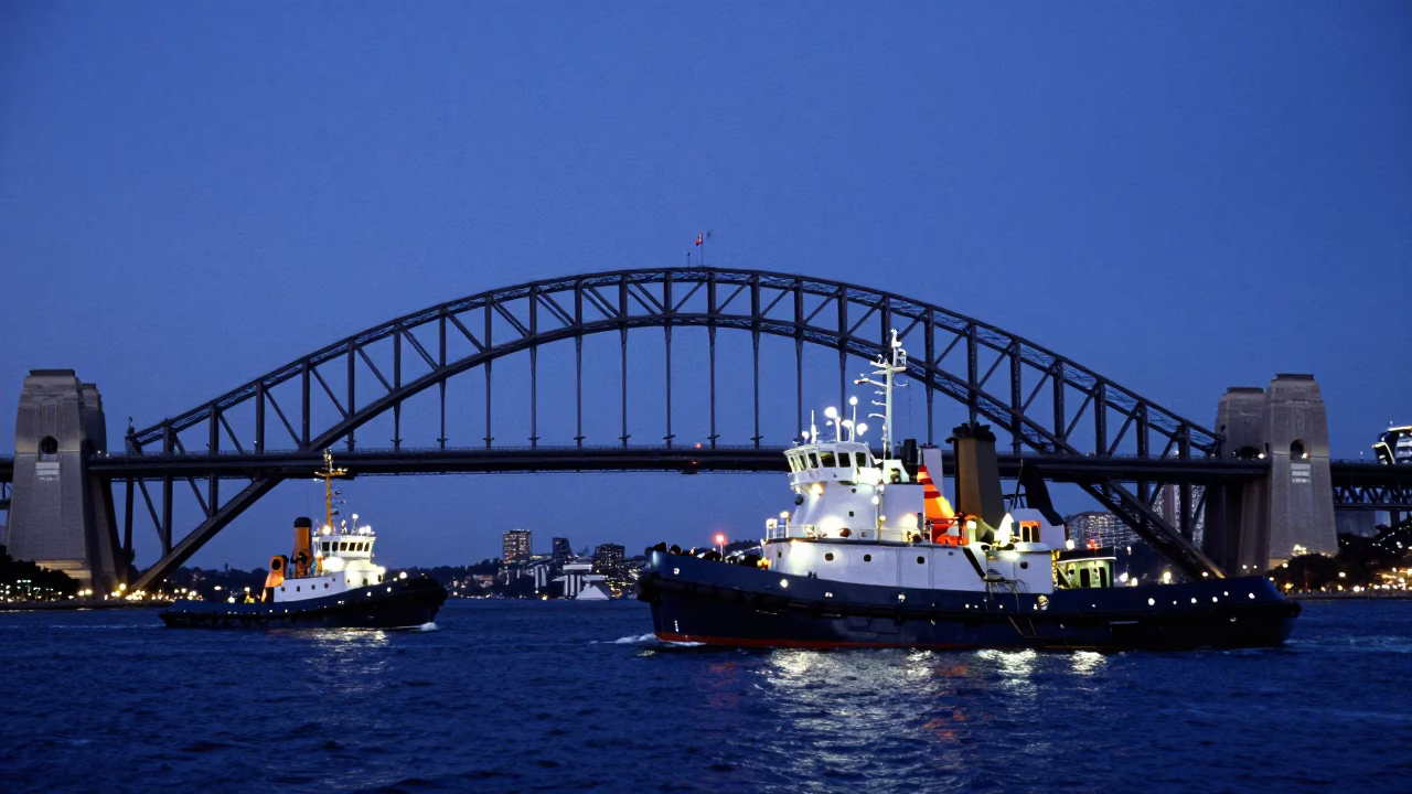 Harbour Bridge And Tugboat Fleet Guiding Tanker Ship in Sydney in in Sydney, New South Wales, Australia
