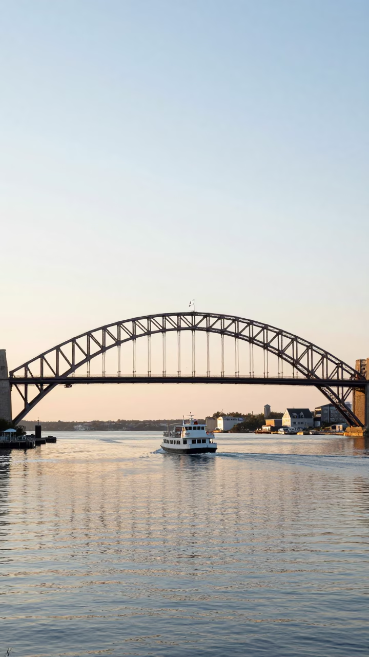 Harbour Bridge And Water Taxi just after sunrise in Halifax in in Halifax, Nova Scotia, Canada
