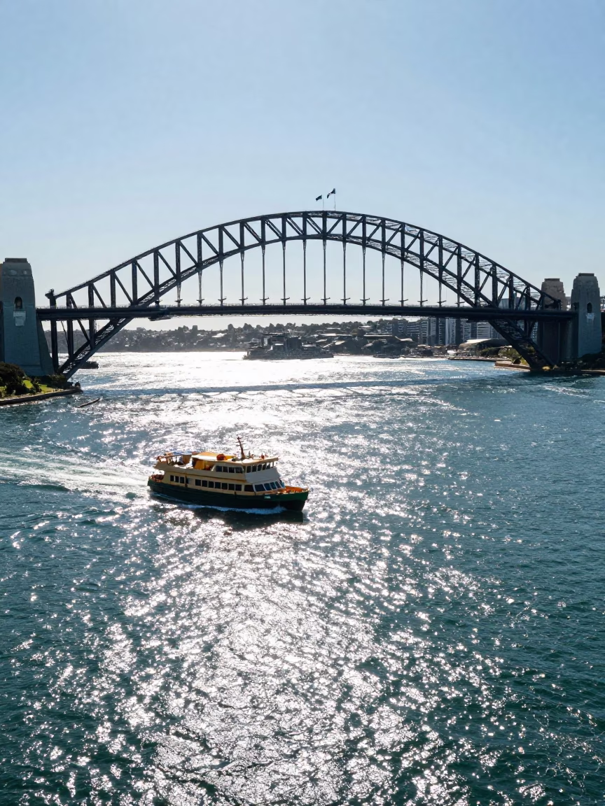 Harbour Bridge Noon Light Sydney Ferry Crossing Water Reflection in in Sydney, New South Wales, Australia