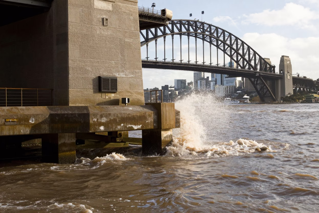 Harbour Bridge Pier Cutwater Splitting Brown Current in Sydney in in Sydney, New South Wales, Australia