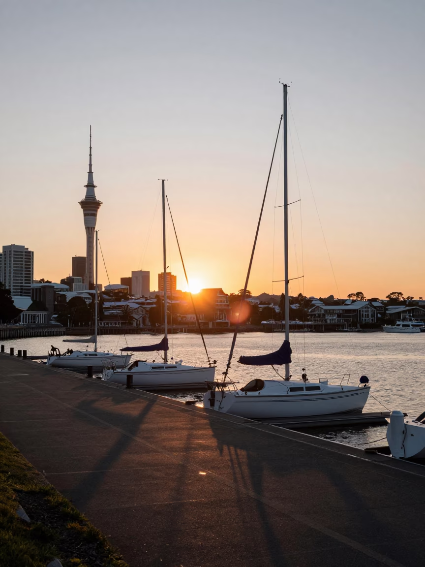 Harbour Marina in Auckland at As The Sun Drops Toward The Horizon in in Auckland, New Zealand