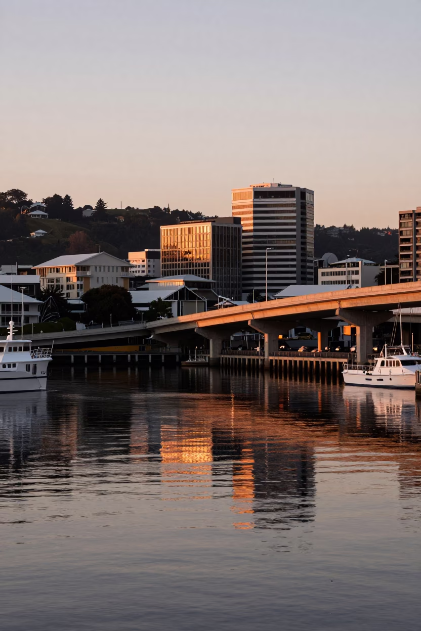 Harbour Reflections in Wellington at Copper-toned Light Before Dusk in in Wellington, New Zealand
