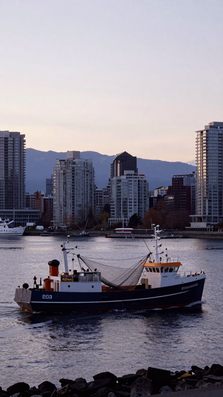 Harbour Scene in Vancouver at Sunrise Light in in Vancouver, British Columbia, Canada