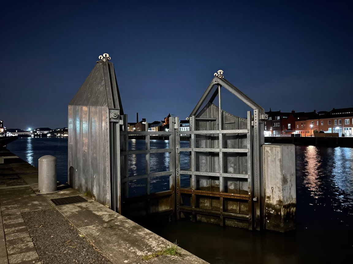 Harbourside Levee Floodgate at The Deepest Night Sky Light in Bristol in in Bristol, United Kingdom