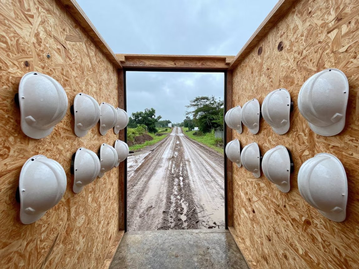 Hard Hat Line on Plywood Wall in at a muddy site access road near Mwanza