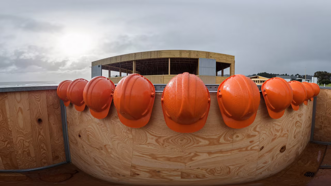 Hard Hat Line on Plywood Wall in Knysna in beside a framed building shell near Knysna