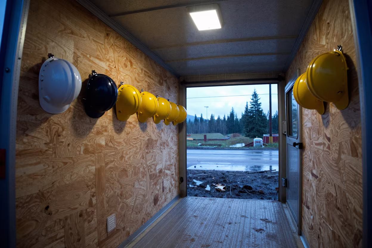 Hard Hat Line on Trailer Wall at Yukon Dawn in at a muddy site access road in Yukon