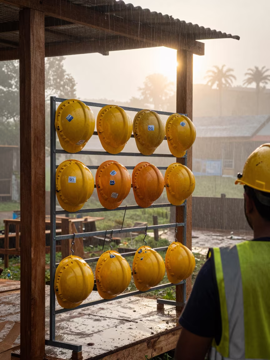 Hard Hat Rack at Dawn in Brazil Monsoon in beside a framed building shell in Brazil