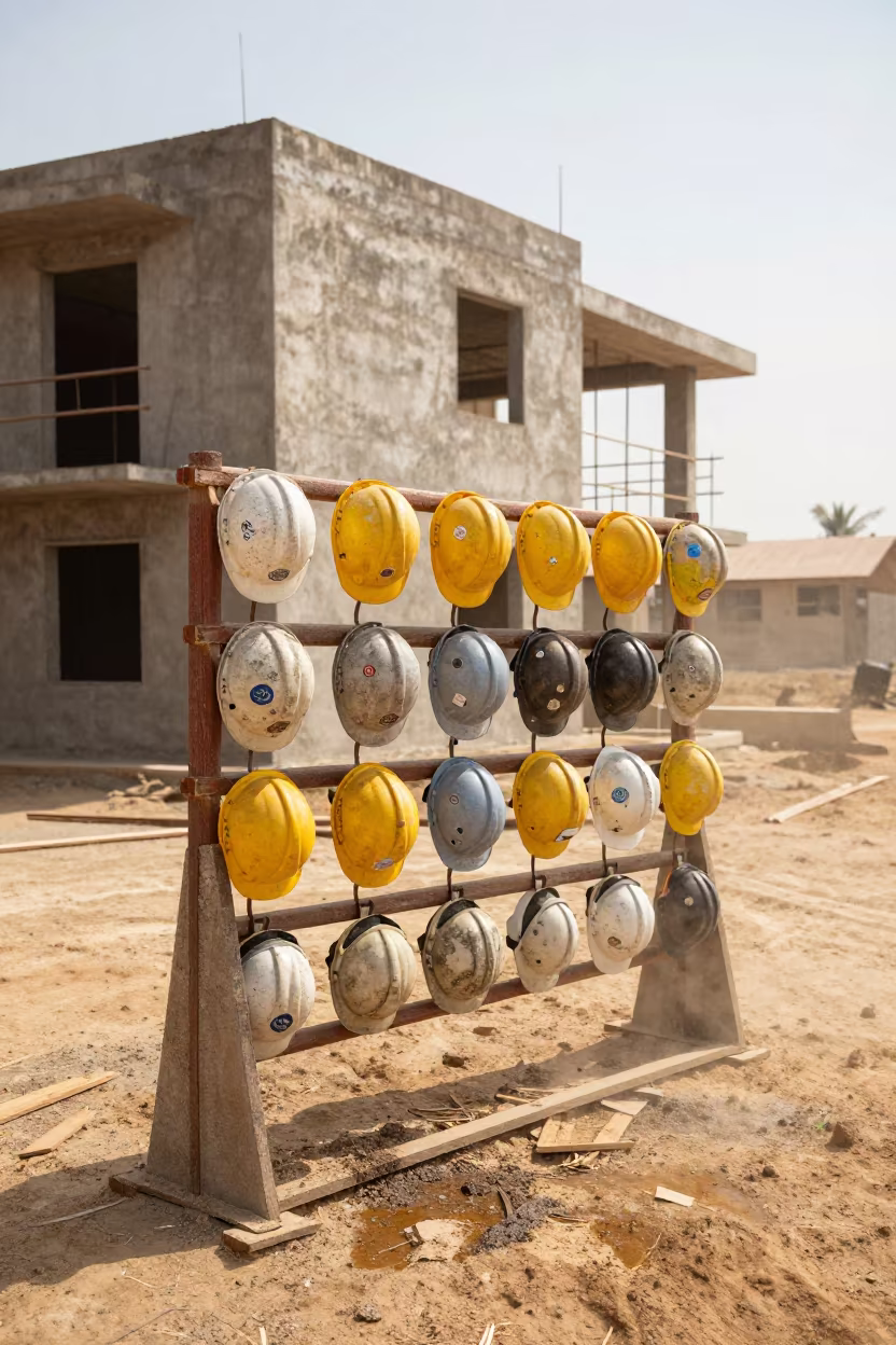 Hard Hat Rack and Stickered Lids at Gambian Construction Site in beside a framed building shell in Gambia