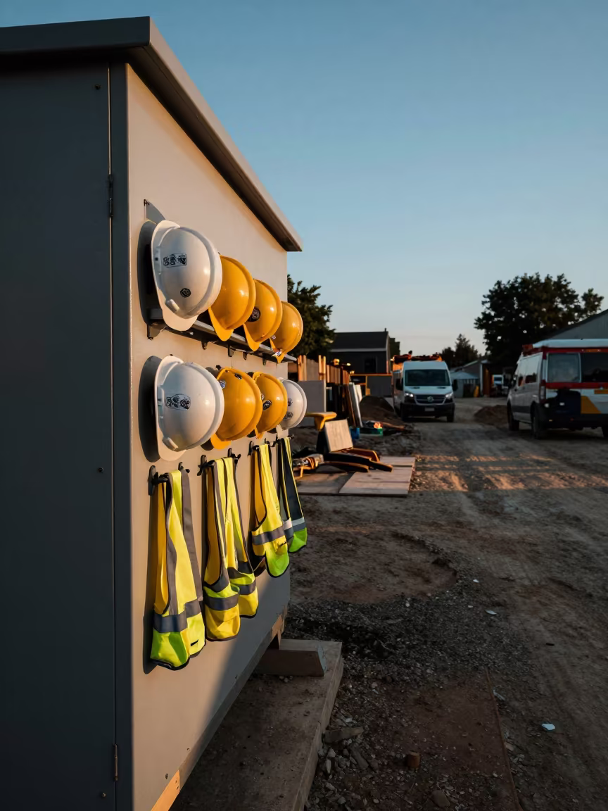 Hard Hat Rack Stickers Vest Hooks Van Excavation in inside a taped-off excavation edge near Van