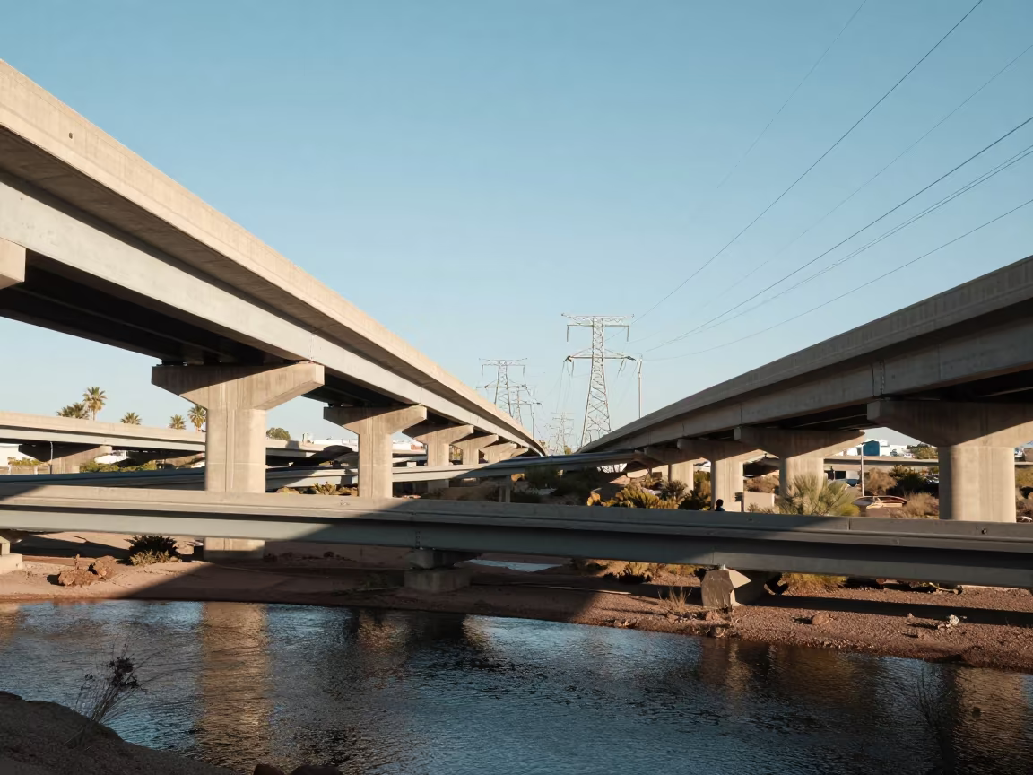 Hard Light on Phoenix Overpass Transmission Corridor in across a windy overpass interchange in Phoenix