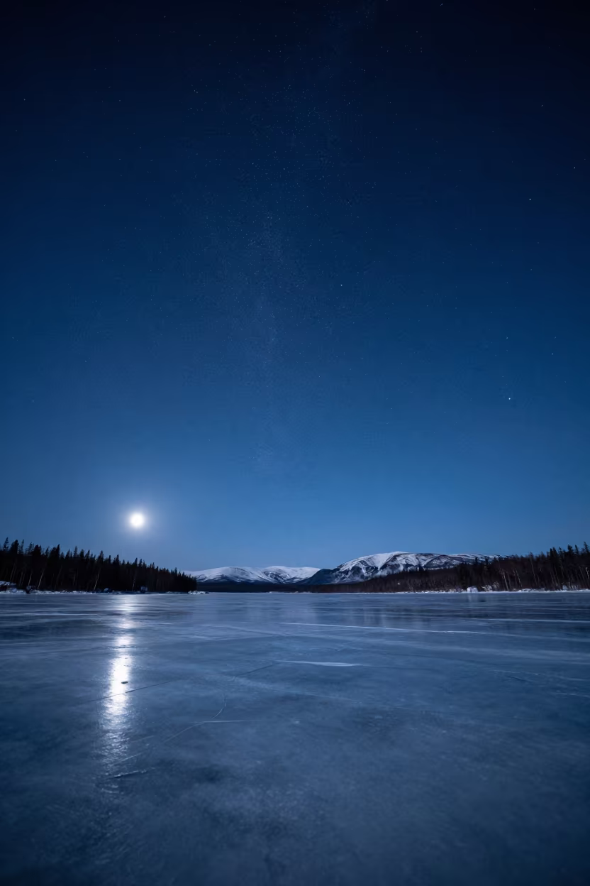 Hard Stars Over Frozen Alaska Reservoir Night in beneath a moon-washed horizon in Alaska