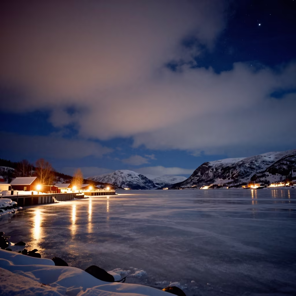 Hard Stars Over Frozen Norwegian Reservoir Night in beside a lantern-dotted harbor in Norway
