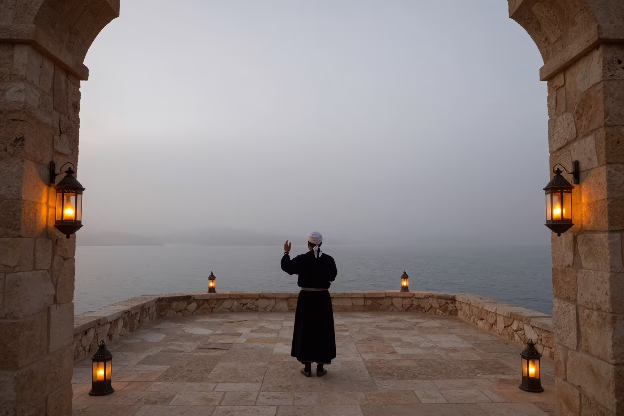 Hardingfele Musician at Fjord Shrine Dawn in in a shrine lined with lanterns near Mohammedia