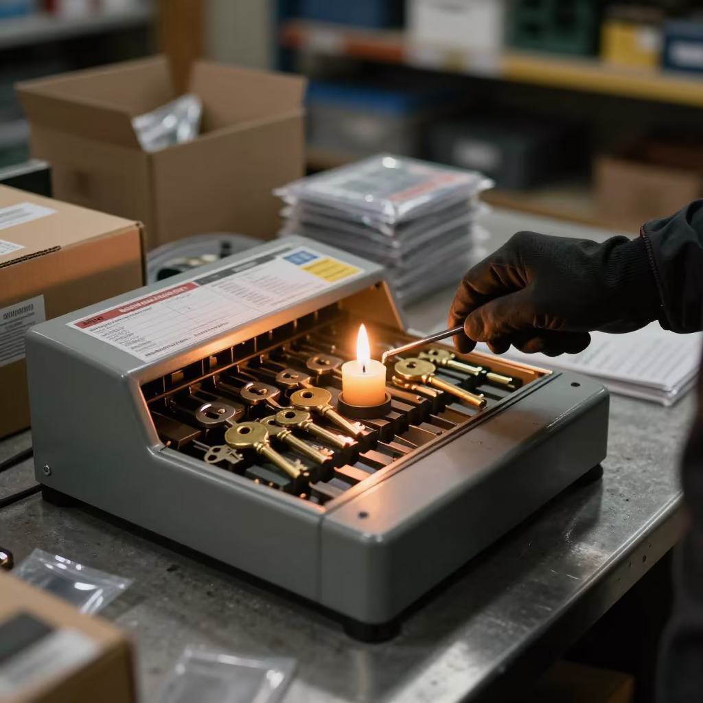 Hardware Key Cutting Bench Evening Stockroom Handoff in inside a stockroom behind the sales floor in Division, Portland