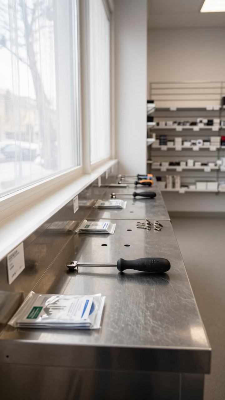 Hardware Key Cutting Bench in Koszalin Store in inside a store aisle lined with shelf tags near Koszalin
