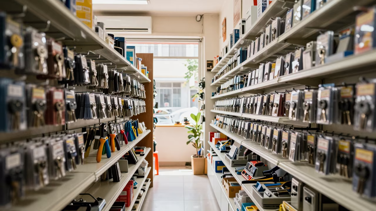 Hardware Key Cutting Bench in Nha Trang Store in inside a store aisle lined with shelf tags in Nha Trang