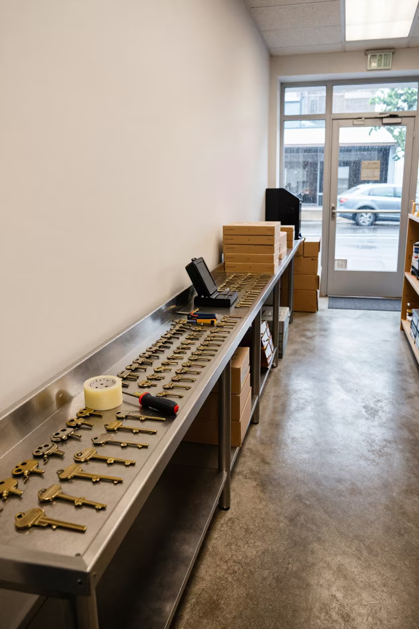 Hardware Key Cutting Bench in San Fernando Store in inside a bright retail aisle near San Fernando de Apure