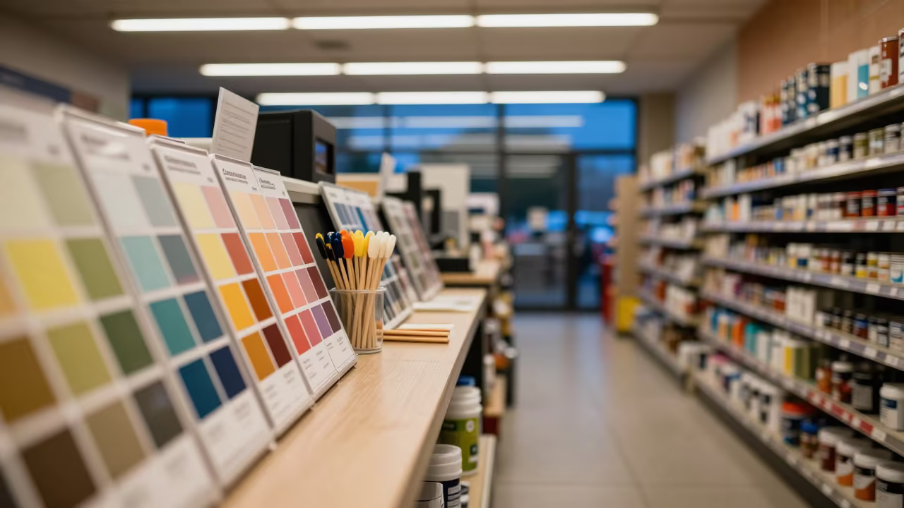 Hardware Store Paint Desk After Sunset in at a checkout lane under flat store light near Campinas