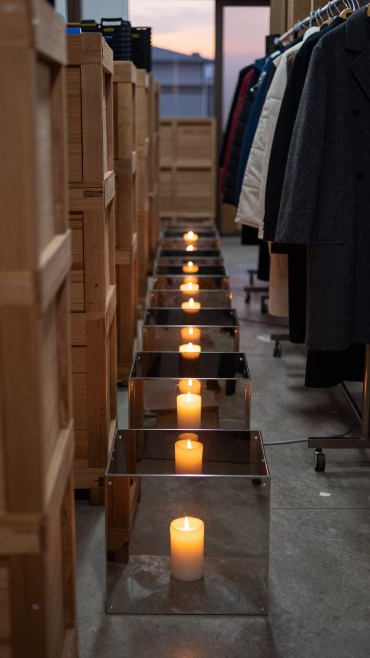 Hardware Tote with Mirrored Reflections in Kyoto Stockroom in inside a stockroom behind the sales floor in Nishiki, Kyoto
