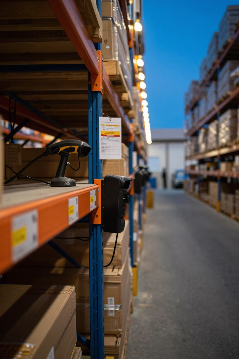Hargeisa Warehouse Shelf with Scanner Chargers in inside a warehouse aisle near Hargeisa