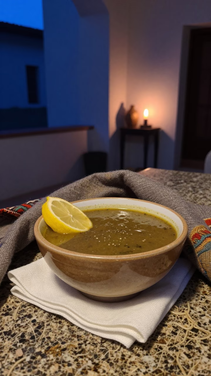 Harira Soup Bowl with Lemon at Gondia Counter in at a noodle counter in Gondia