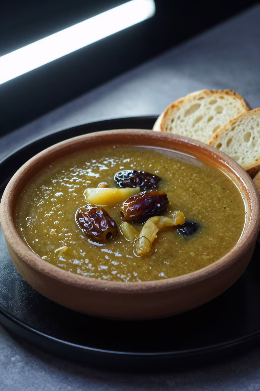 Harira Soup and Dates on Lacquered Tray in on a lacquered tray in Douala
