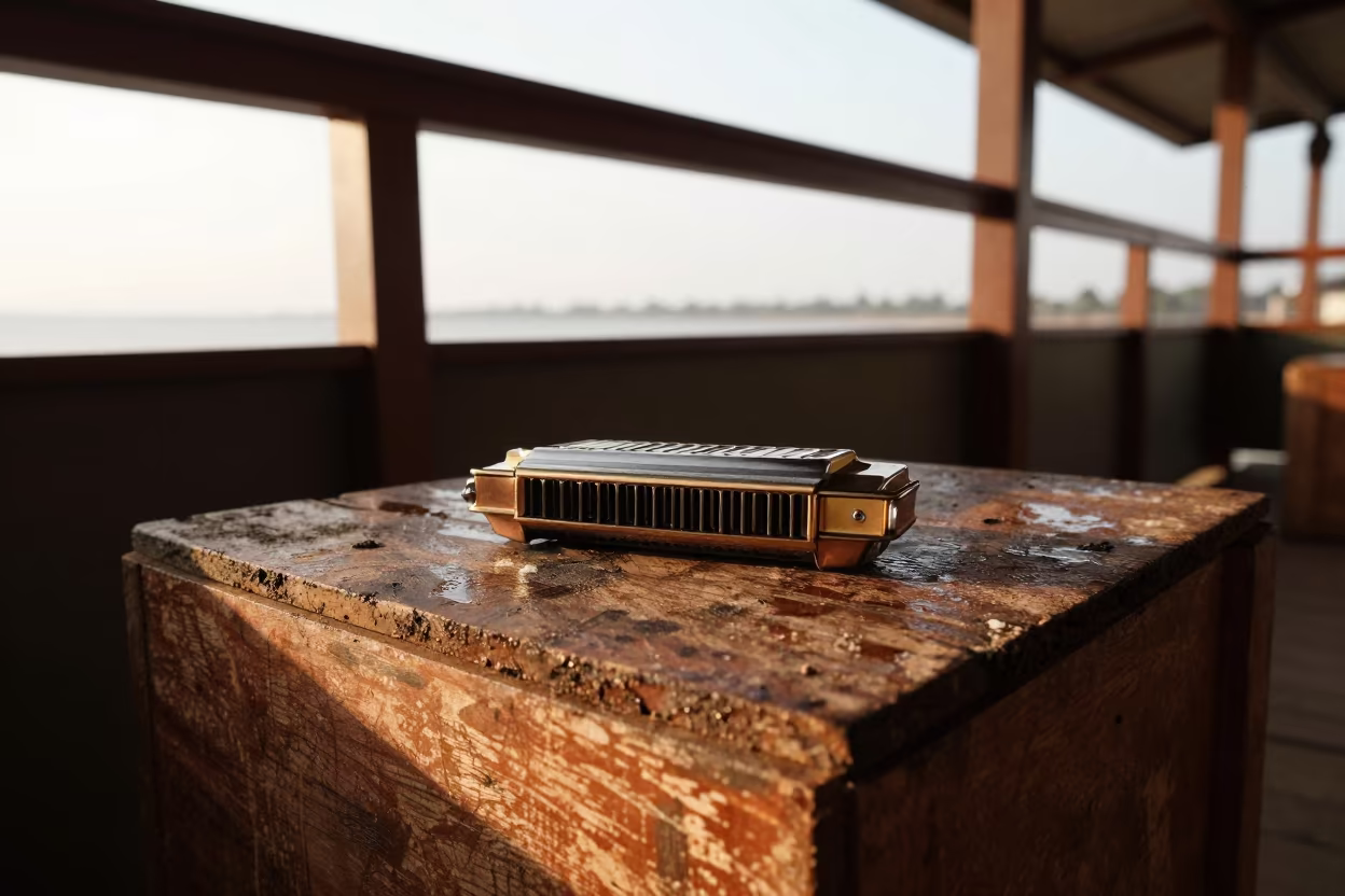 Harmonica on Crate Pier Window Light in on a pier railing in Bertoua