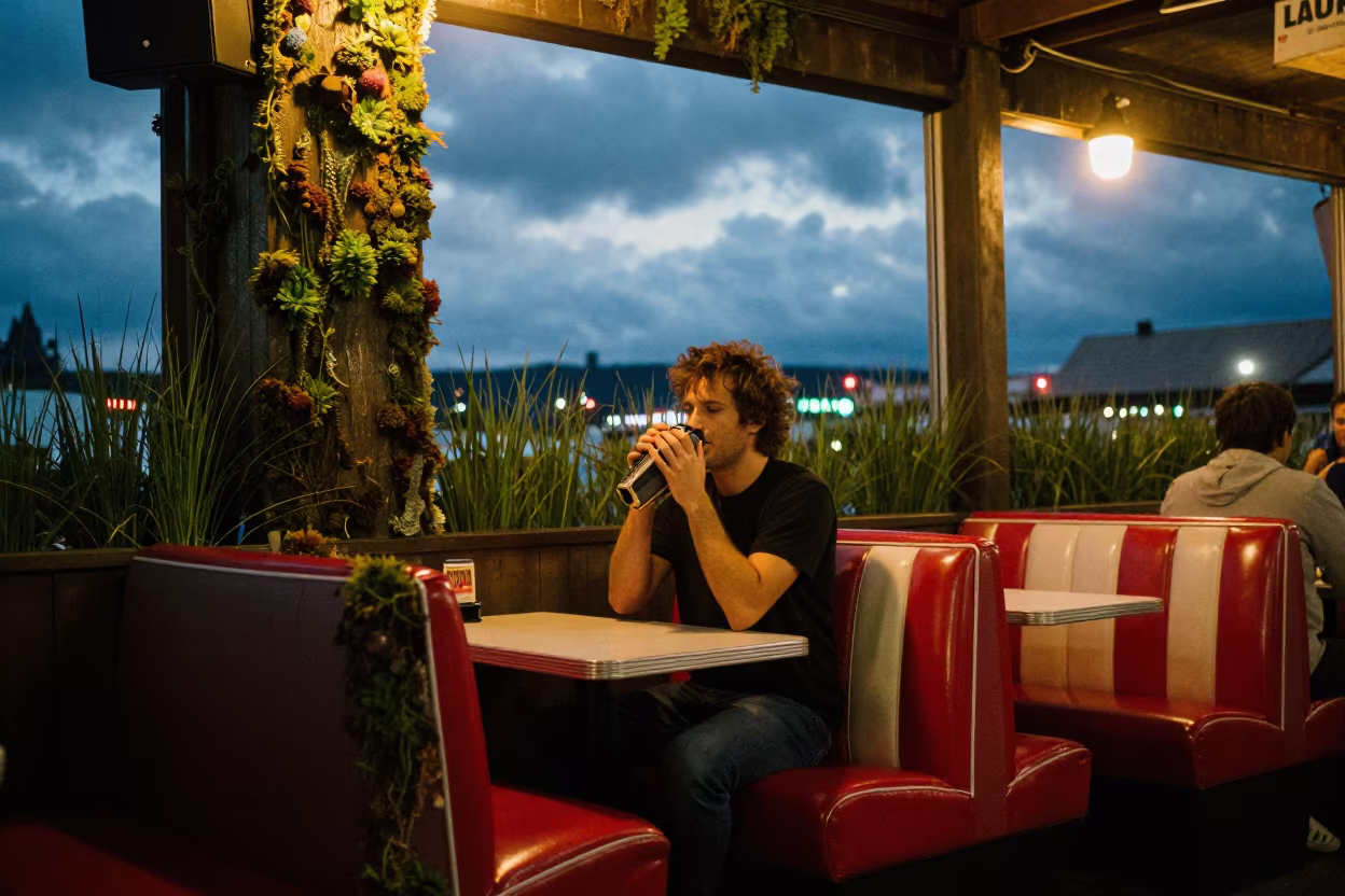 Harmonica Player in Neon Moss Diner Stage in on a festival main stage in Seattle