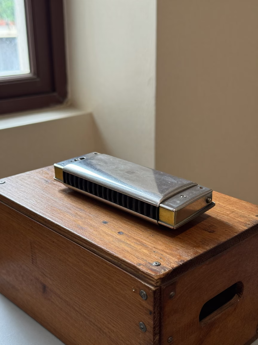 Harmonica on Scuffed Crate in Bhopal Museum in on a museum plinth in Bhopal