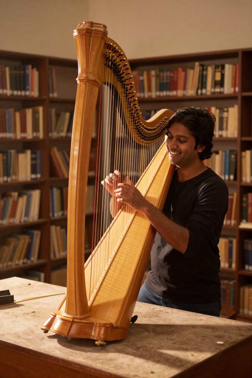 Harpist Performing on Library Table in Hyderabad in on a dusty library table in Hyderabad