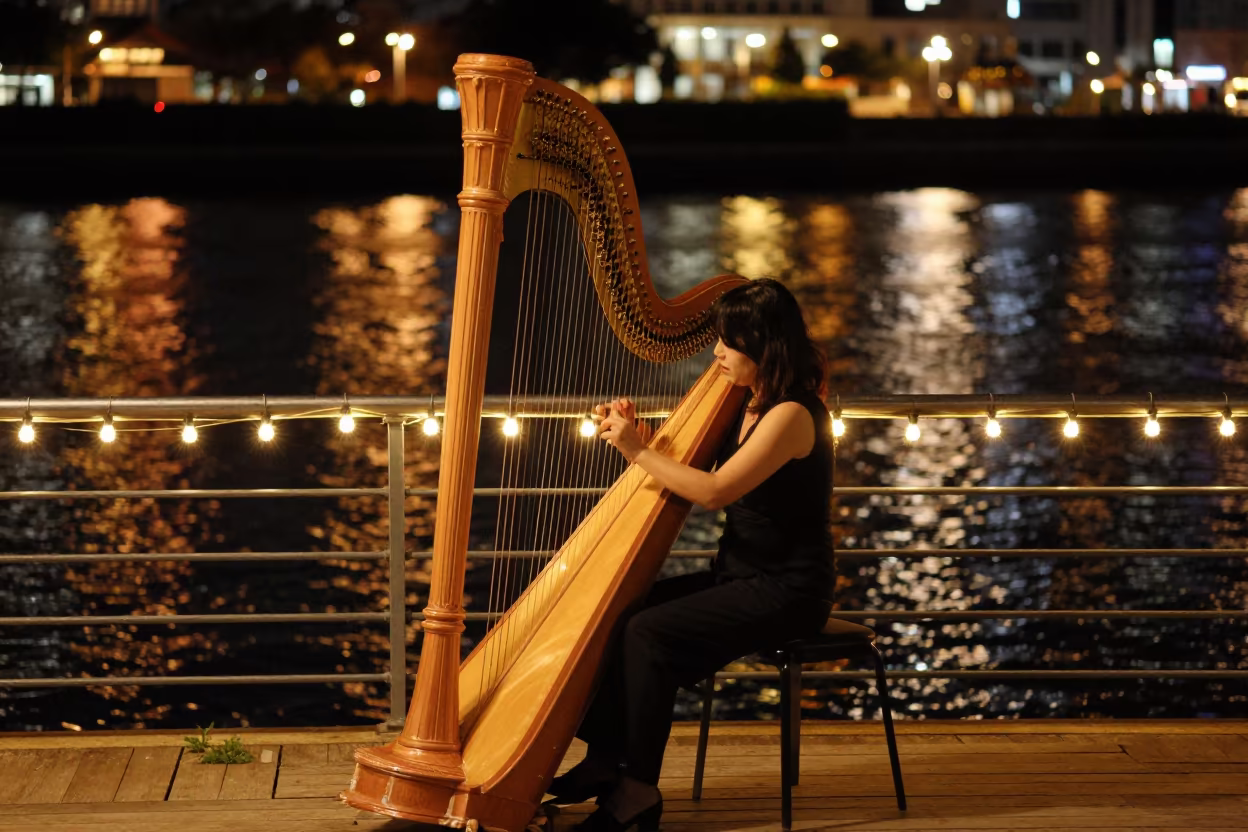 Harpist on Seoul Pier Midnight String Lights in on a pier railing in Seoul