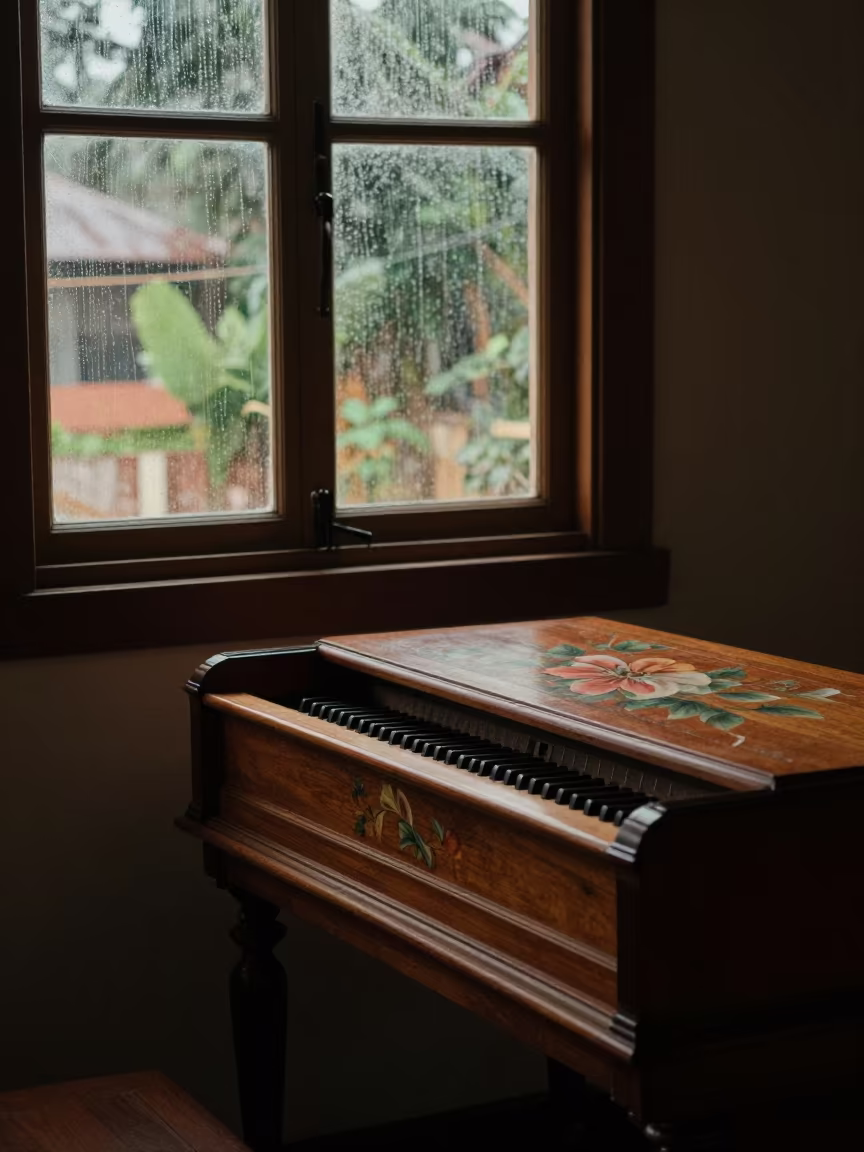 Harpsichord with Painted Lid in Guéckédougou Room in on a bedside table in Guéckédougou