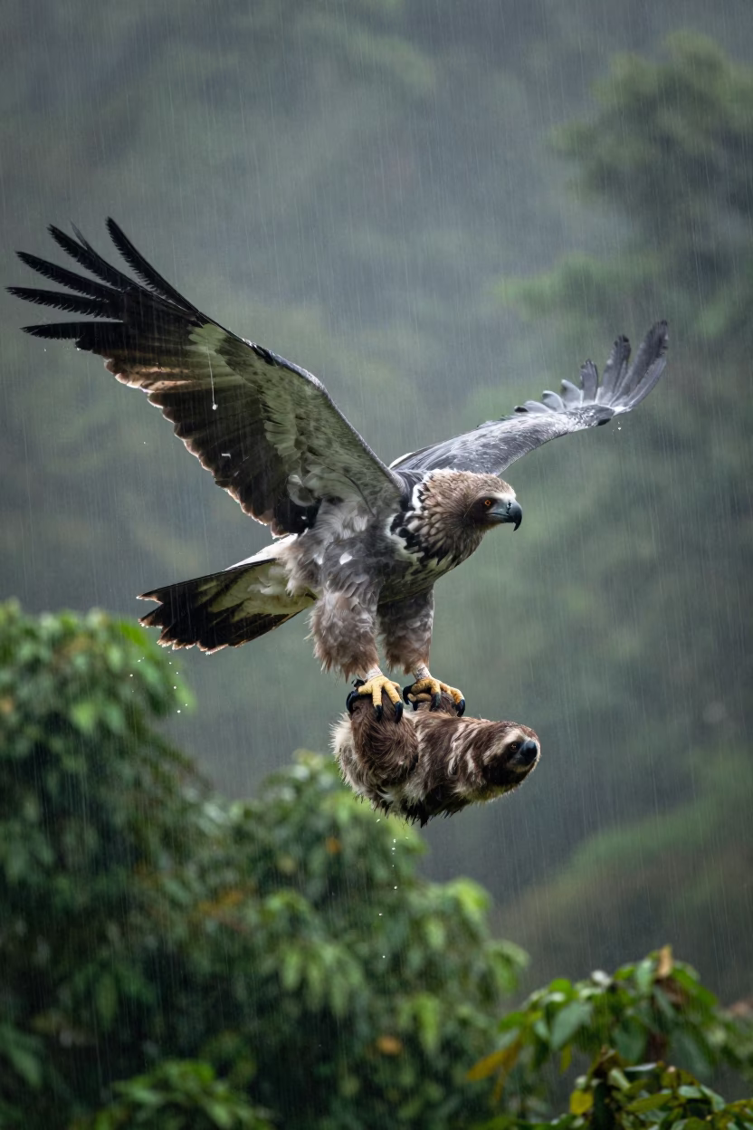 Harpy Eagle Holds Sloth in Rainy Dawn Mist in near Medan