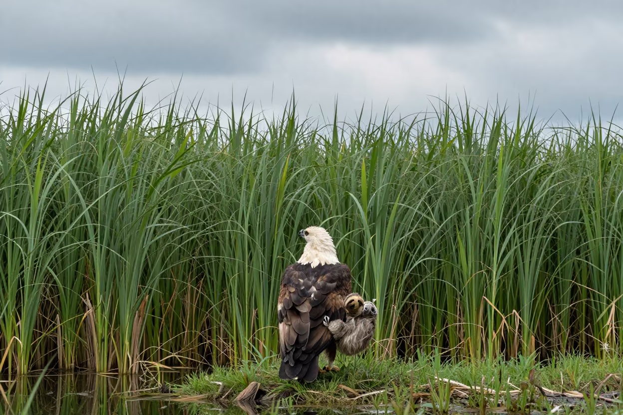 Harpy Eagle with Sloth at Reed Bed Edge in at the edge of a reed bed in South Korea