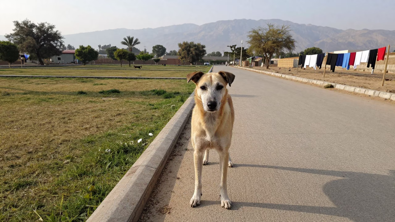 Harrier Dog Centered on Quiet Path in Kandhkot in in a small yard with clipped grass, calm light, and the animal centered in frame near Kandhkot