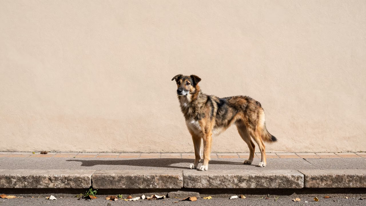 Harrier Dog on Bologna Courtyard Path in beside a plain courtyard wall in clear daylight with the animal at eye level in Bologna