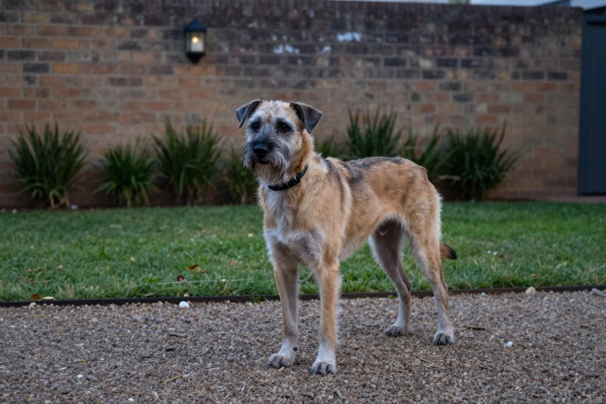 Harrier Dog on Quiet Townsville Path in in a small yard with clipped grass, calm light, and the animal centered in frame in Townsville