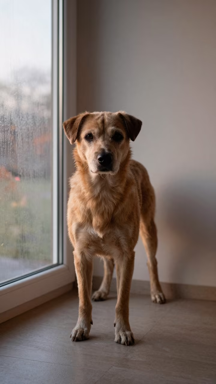 Harrier Dog Portrait in Late Autumn Light in beside a plain plaster wall in soft indoor light with the animal centered in frame in Concordia